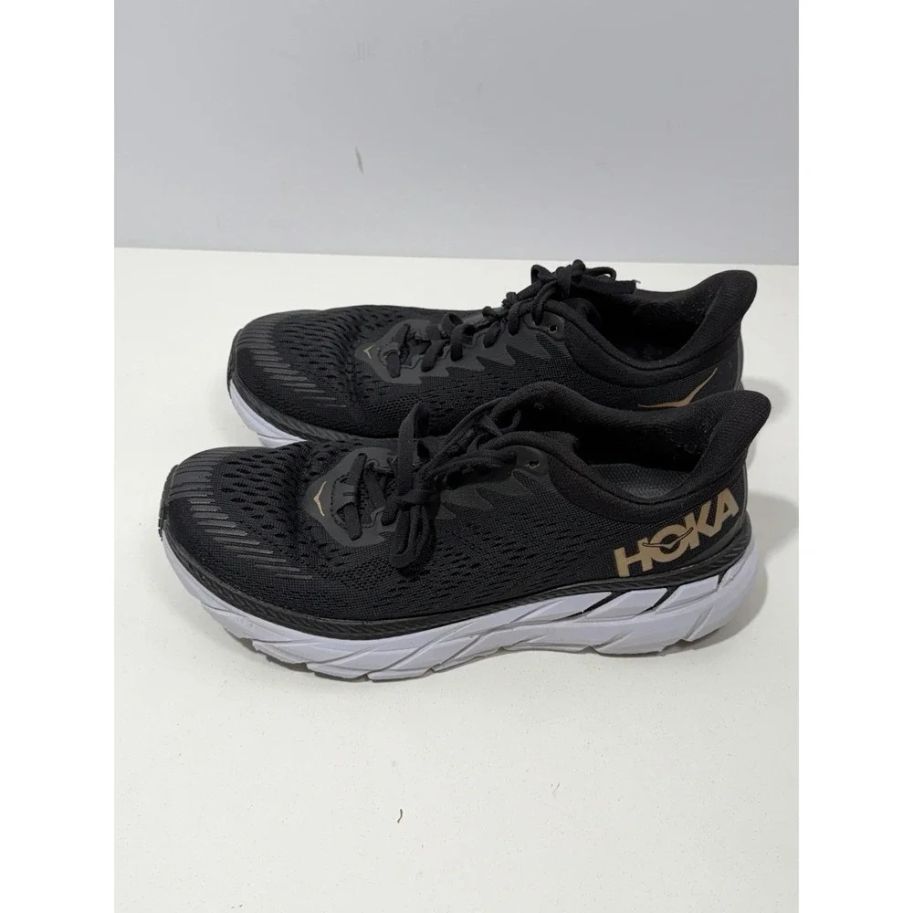 Hoka One One Clifton 7 Shoes Womens Size‎ 8 Black Gold Running Sneaker